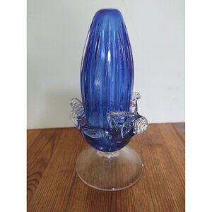 Vintage Hand Blown Cobalt Blue/Clear Glass Vase signed by artist 7 1/2"  France